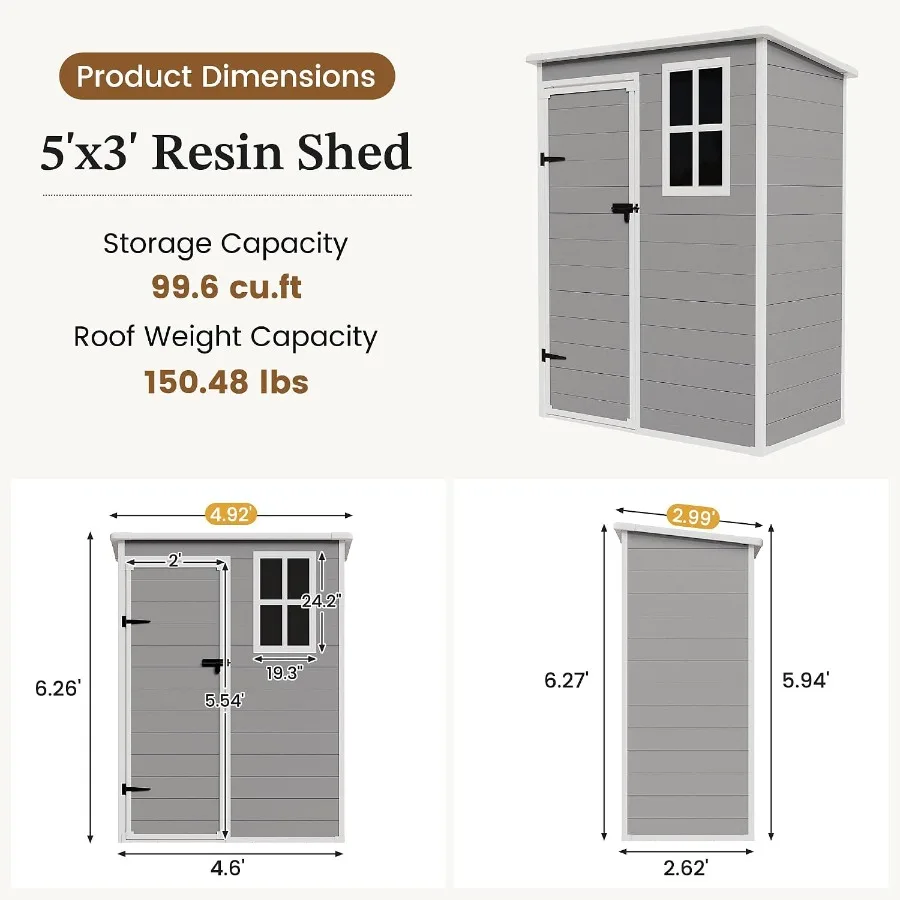 Outdoor Storage Shed 5x3 Feet for Garden Use, Resin Material, Grey Color, Includes Floor and Weather-Resistant Design
