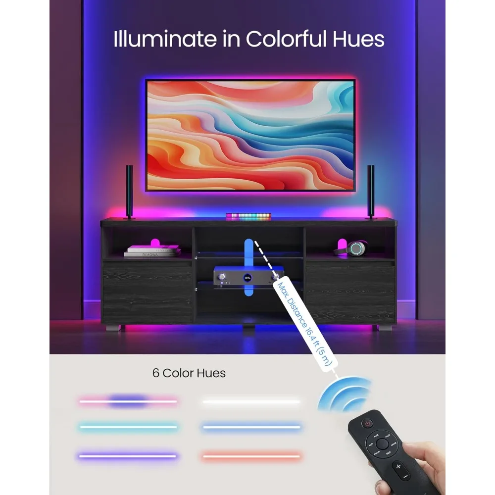 حامل تلفزيون مضاء بإضاءة LED لـ 70 تلفزيونًا، مركز ترفيه حديث مع أرفف زجاجية، خزائن ببابين #4