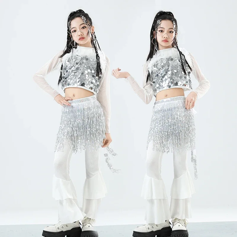 Meninas k-pop prata lantejoulas malha colheita topo calças de dança de rua crianças hip hop brilhante streetwear crianças jazz menina grupo roupas conjuntos