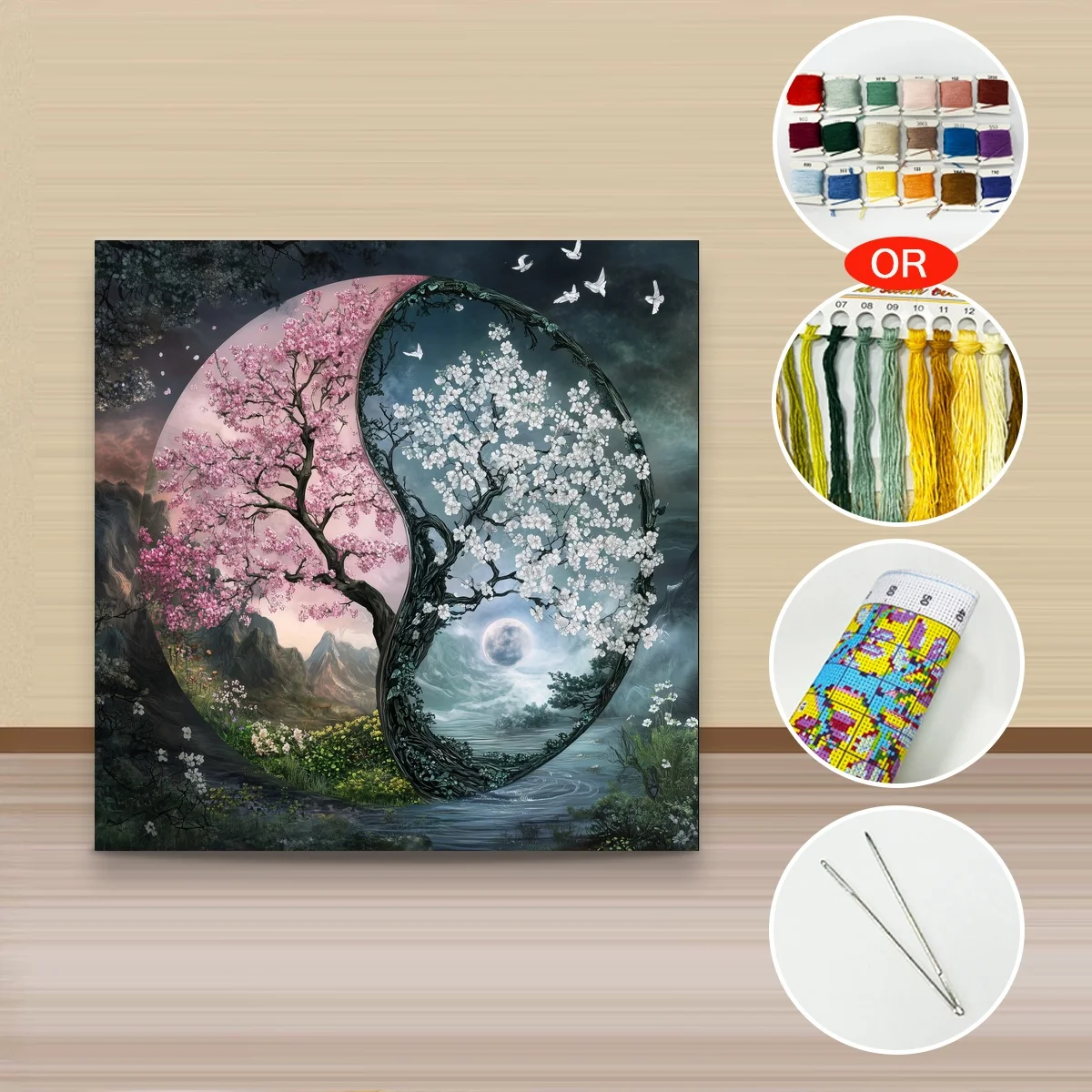 1 Stück 40x40 cm/15,74 Zoll, 11Ct/14Ct Kreuzstich-Set, DIY Valentinstagsgeschenk, Stickerei-Set für Festlichkeiten, Yin-Yang-Kirschbaum-Motiv – Detail 3