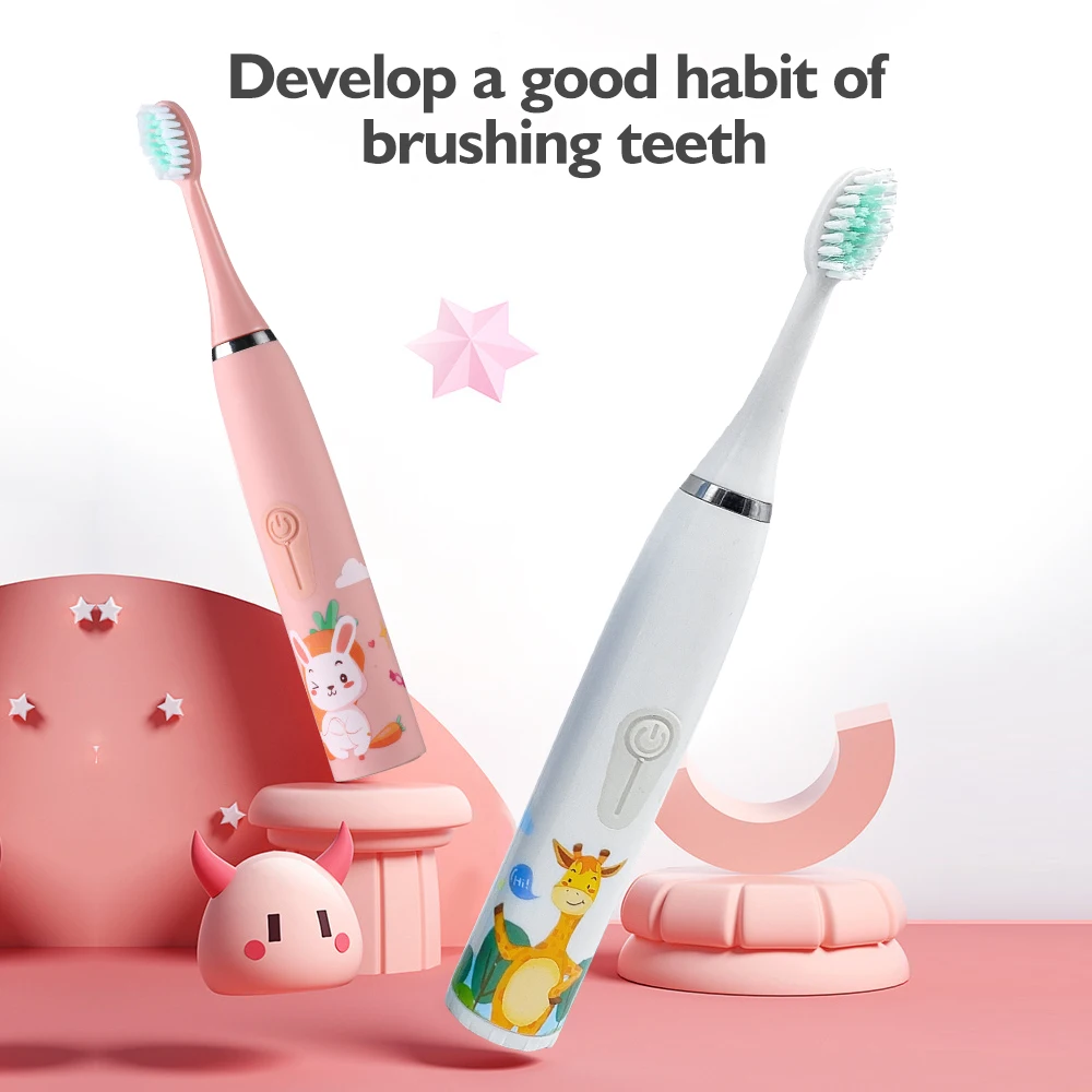 

Children's Electric Toothbrush Cartoon Kids With Replacement Head Ultrasonic IPX7 Waterproof Rechargeable Sonic Toothbrush