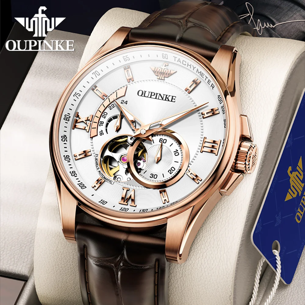 

OUPINKE Automatic Watch for Men Japan Mechanical Movement Sapphire Mirror Original Leather Strap Skeleton Self Winding Man 3222