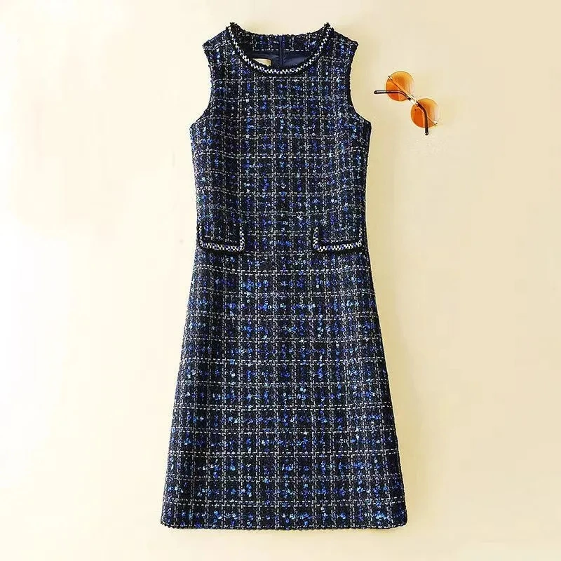 2026 Spring Autumn New Woolen Sleeveless Dress for Women Small Fragrant Style Round Neck Vest Socialite Medium Long Vest Dresses