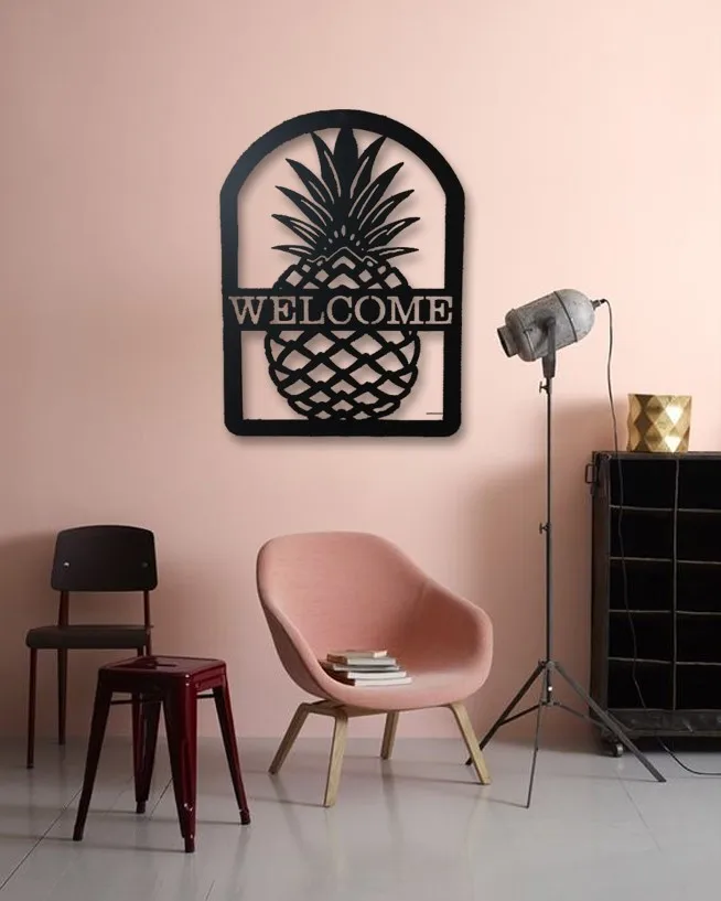 Welcome Written Pineapple Pattern Wall Decorative Metal Wall Art Black Wall Décor,Living Room, Bedroom, Kitchen, bathroom Inter