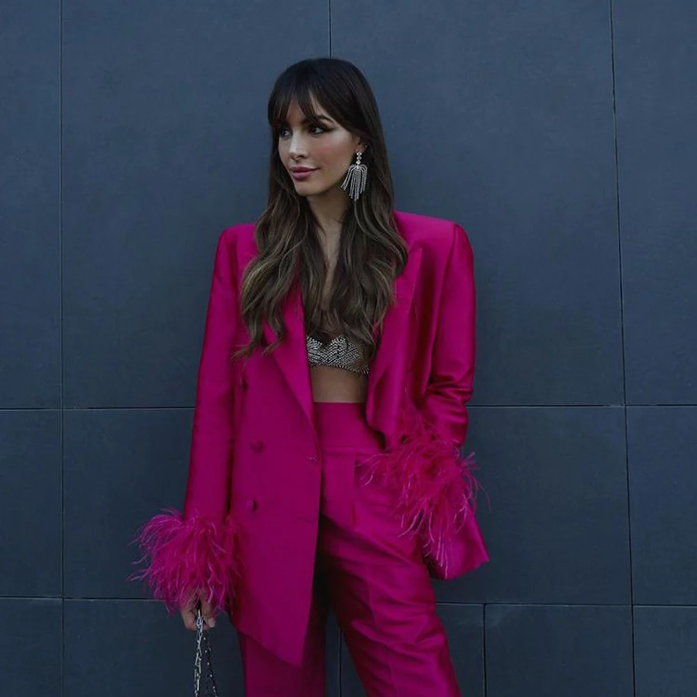 الفاخرة ارتفع الأحمر الساتان ريشة المرأة قطعتين دعوى الذروة التلبيب مزدوجة الصدر سترة مجموعة بناطيل رجالي مكتب الزفاف الملابس النسائية #2