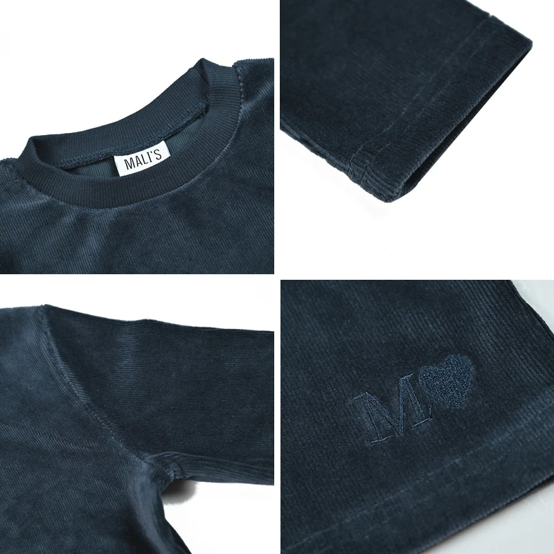 Kinderhemd Dunkelblau für Jungen und Mädchen Lässiges Schulhemd Langarm-Oberteil Rundhals Kinderkleidung mit Logo-Stickerei – Detail 9