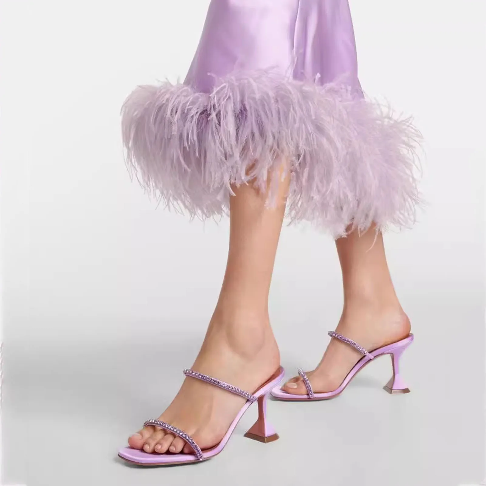 

Arden Furtado Summer Purple satin Crystal Banquet shoes square toe pull-on Super high heel Word slippers Wine glass heel Mules