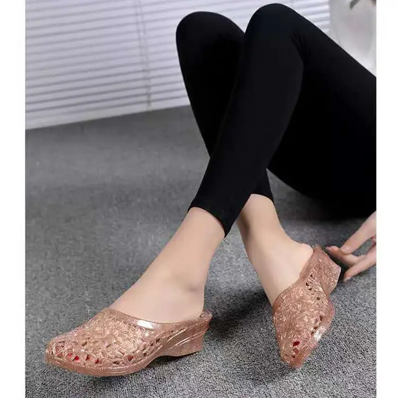 Comemore Woman Outerwear Slides Women Summer Women\'s Mules Heels Female Footwear Close Toes Purple Crystal Shoes Wedges Slippers