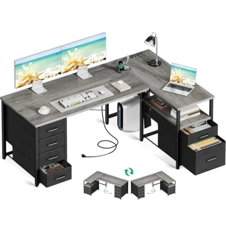 L Shaped Office Desk with 6 Drawers, Power Outlet, Grey for Home Office Use, Engineered Wood, Modern Design