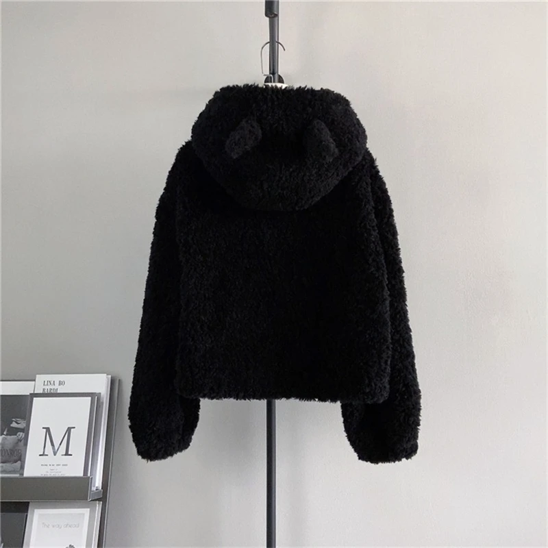 PT493 Lady Girl Zipper Style Hooded Wool Fur Coat Female Loose Sheep Shearling Thickened Young Models Short Jacket