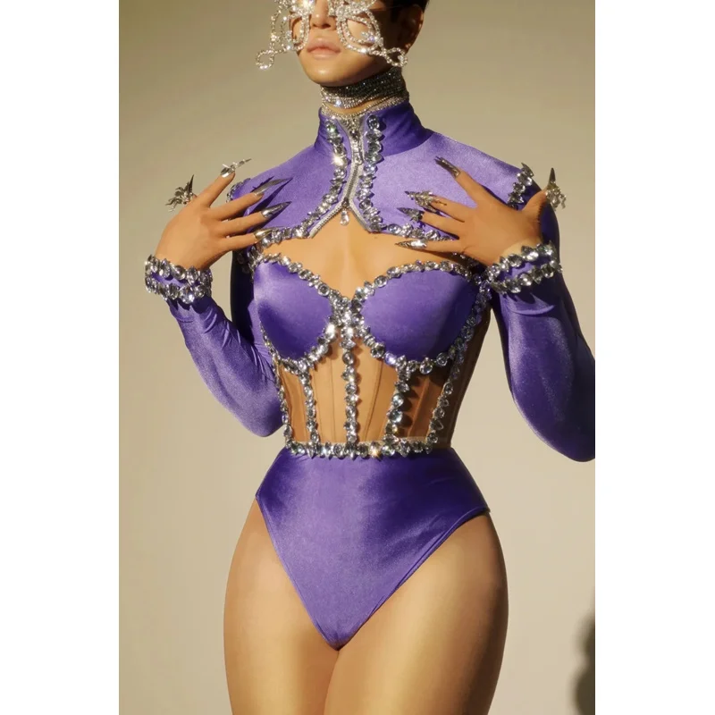 Sparkly Rhinestone Bodysuits for Women Long Sleeve Body Suits Outfits Set Dance Drag Queen Costume Pole Dance Leotard Jianmei