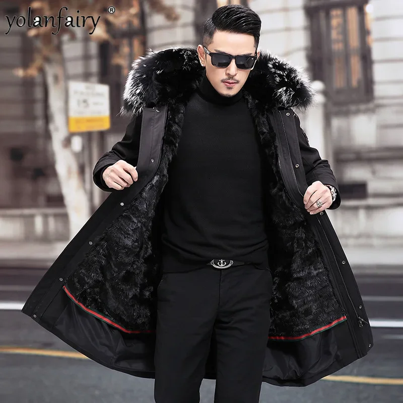 Mink Liner Parka Men's Mink Fur Coat Men Raccoon Fur Collar Knee Length Thick Hooded Mens Fur Jacket Coats Male Clothing FCY4934