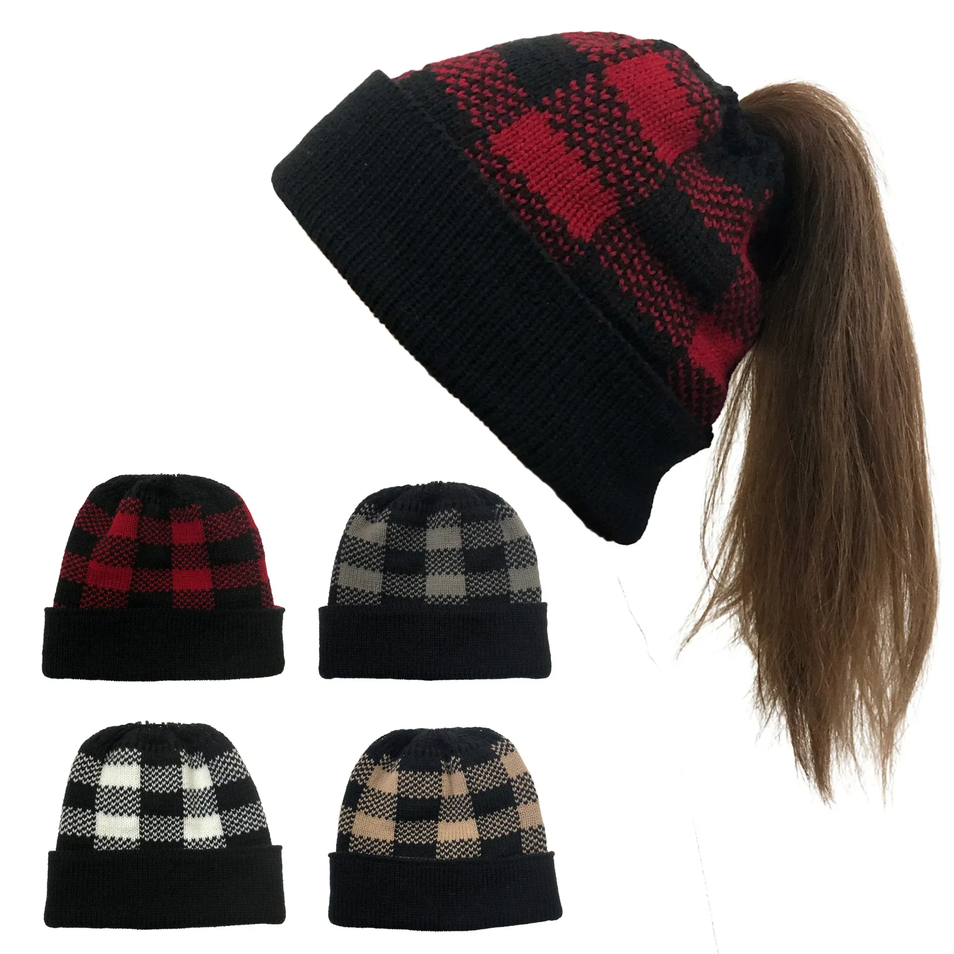 Europe America Grid Flanging Christmas Hat Beanies Fashion Brand Acrylic Winter Warm Horsetail Knitted Cap For Women