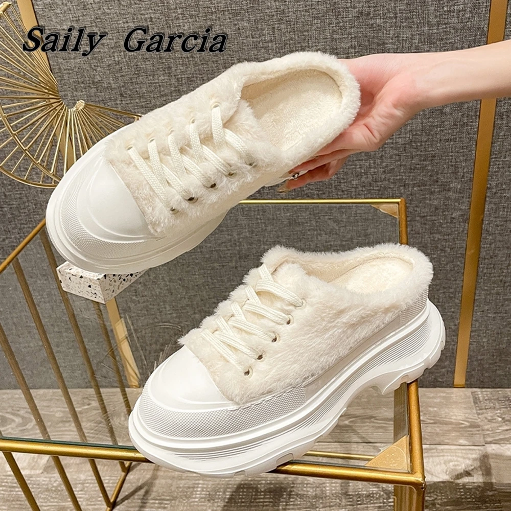 Solid Round Toe Short Plush Slip On Slippers 2023 Winter New INS Fashion Wild Vulcanized Shoes Classic Platform Casual Slides