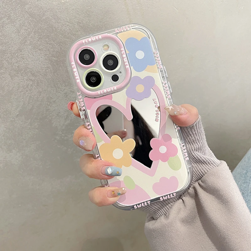 Korean Sweet Love Heart Flowers Mirror Phone Case For iPhone 14 13 12 11 15 16 Pro Max Lovely Hard Shockproof Back Cover