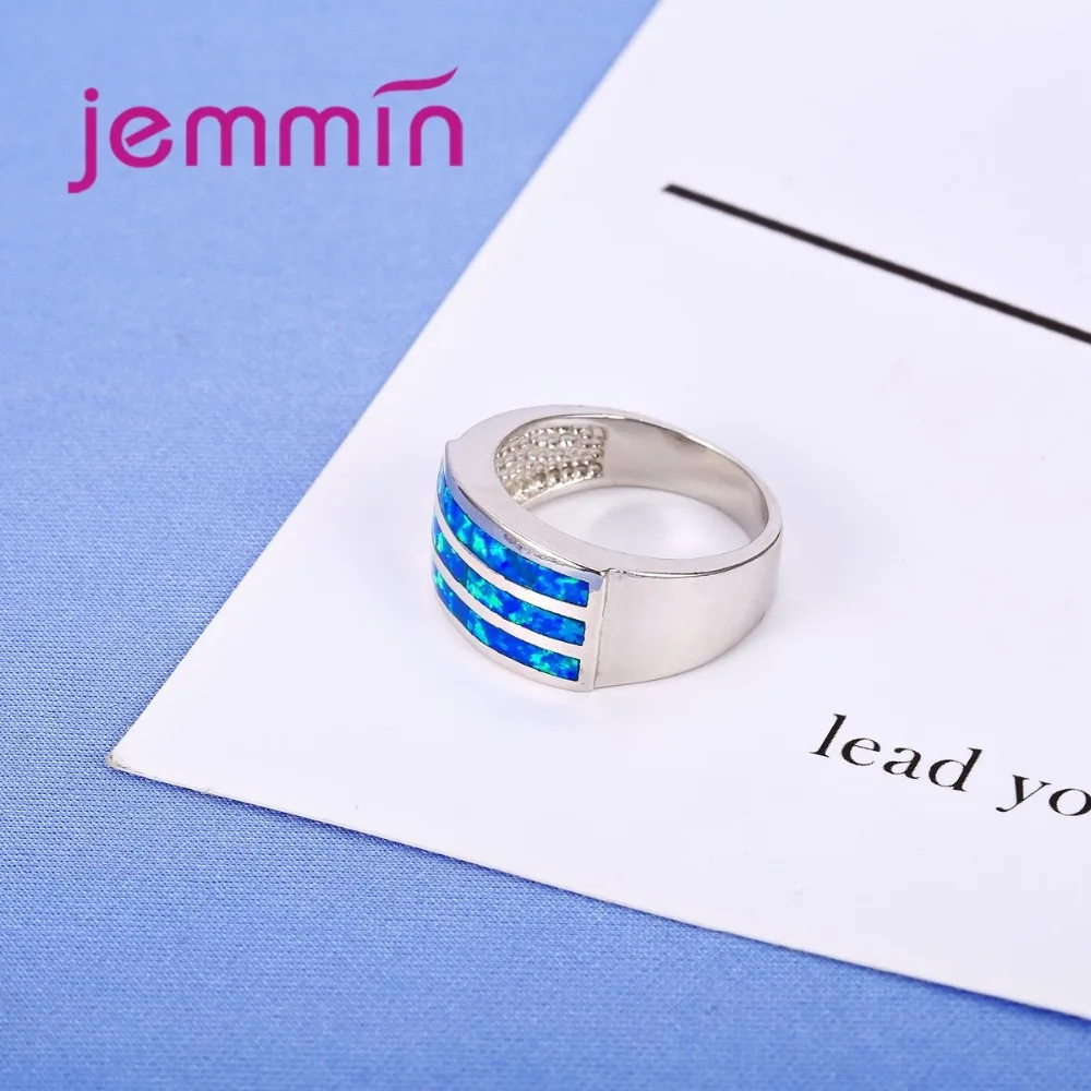 New Arrival Three Bars of Blue Opal Crystal 925 Sterling Silver Ring Rectangle Design Women Wide Band Bijoux