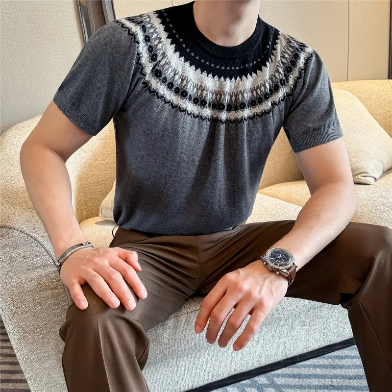 Vintage Fair Island Knitted Ice Cool Short Sleeve T-shirt for Men Round Neck T-shirt Summer Casual Business Social Tee 2026