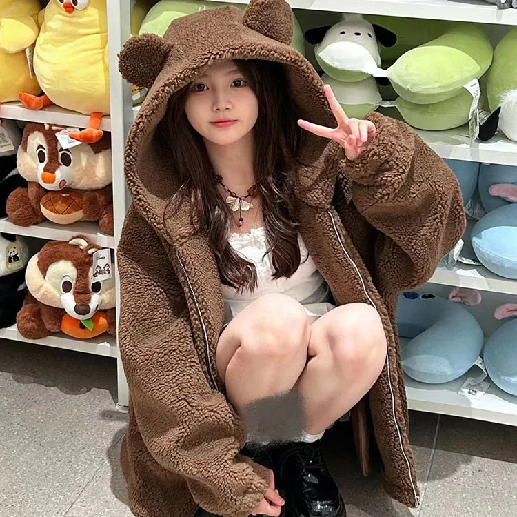 Young Lamb Little Bear Ear Hooded For Women, 2024 Autumn And Winter New Thick Fur Plush Coat