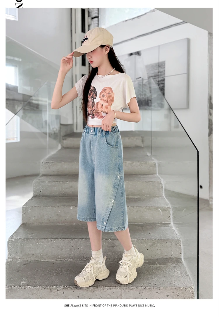 Sommerliche Mädchen-Mode-Jeans-Shorts mit Perlen für Kinder, lässige knielange Jeanshosen, elegante blaue Jeans für junge Mädchen, Sonderangebote. – Detail 9