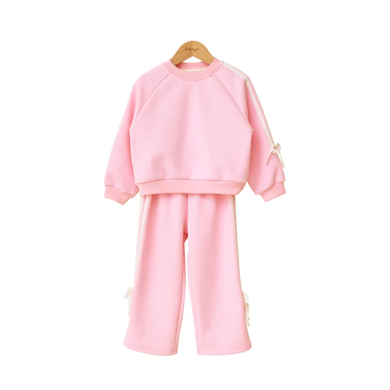 Conjunto de moletom para meninas 2024 outono e inverno nova moda rosa mais caxemira quente com capuz puro algodão arco renda topo para crianças