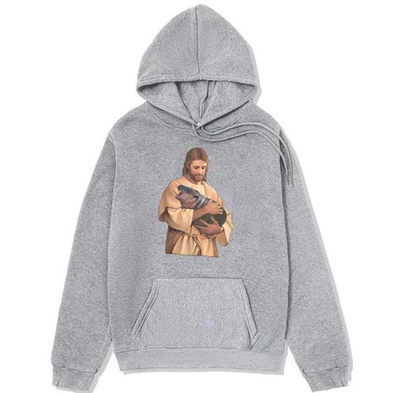 Jesus Moo Deng Hoodie Jesus Loves Moo Deng Bouncy Cute Baby Hippo Meme Sweatshirt Men Women Oversized Streetwear Fleece Pullover