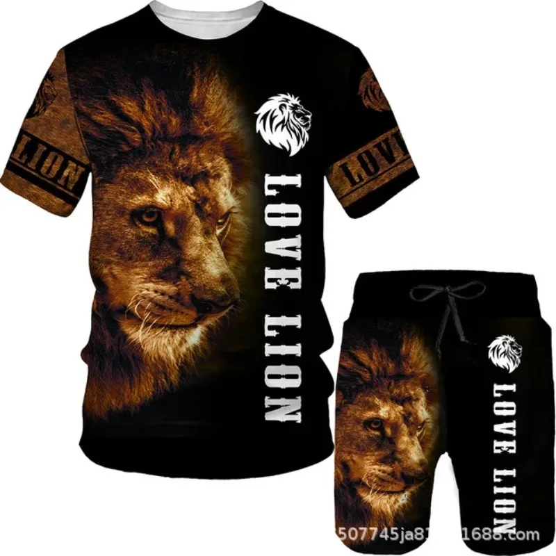 2025 Summer New 3D Printing Men's Casual Suit Lion and Tiger Print Series Men's Short-Sleeve Shorts Suit Round-Neck Casual Suit