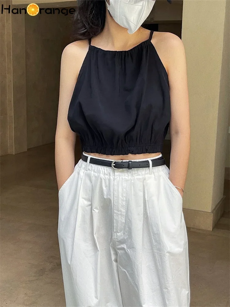 HanOrange 2026 Summer Cool Feeling Super Short Camis Women Loose Elasticated Thin Sleeveless Cut Shoulder Top Female Black/Camel