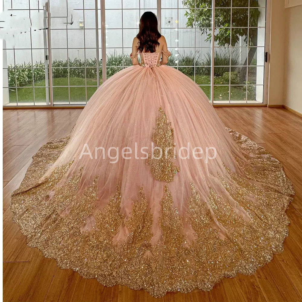 Angelsbridep Pink Ball Gown Quinceanera Dresses 2025 With Gold Sequined Appliques Beading Party Gown Vestido De Quinceañera