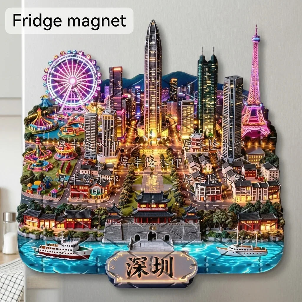 Metal Embossed Magnetic Fridge Magnet Shenzhen Window of the World Cultural Trendy Collectible Travel Souvenir Gift Home Decor