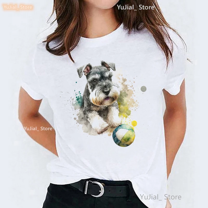 

Watercolor Schnauzer Playing Ball Print T Shirt Girls Beagle Dog/Boxer Tshirt Women Harajuku Kawaii Clothes Summer Fashion Tops