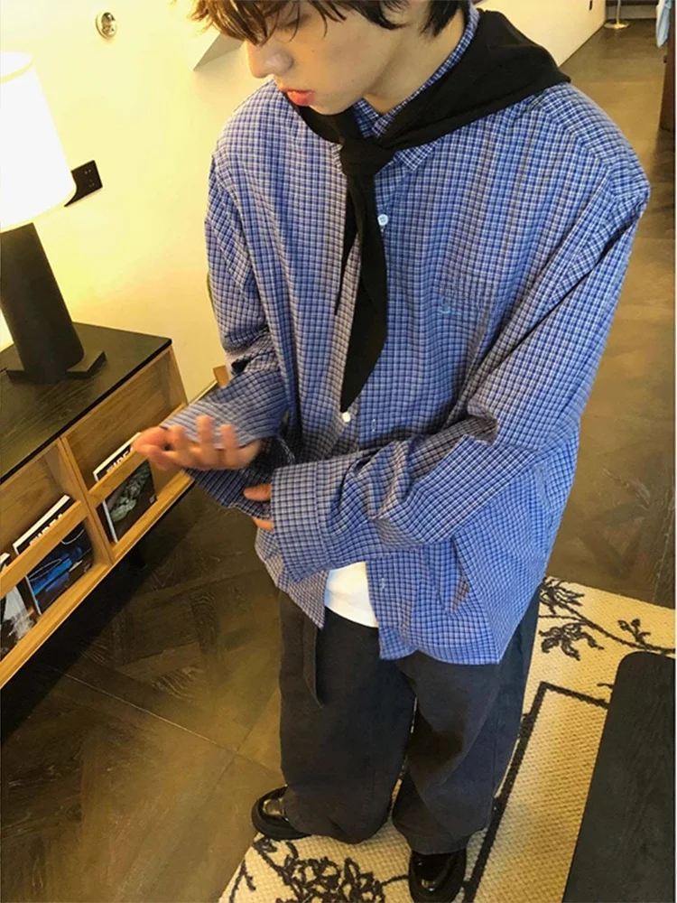 

Синяя клетчатая повседневная одежда для мужчин в американском стиле ретро, японская молодежная верхняя одежда Jaet, свободная посадка, длинное све, полиэфирное волокно