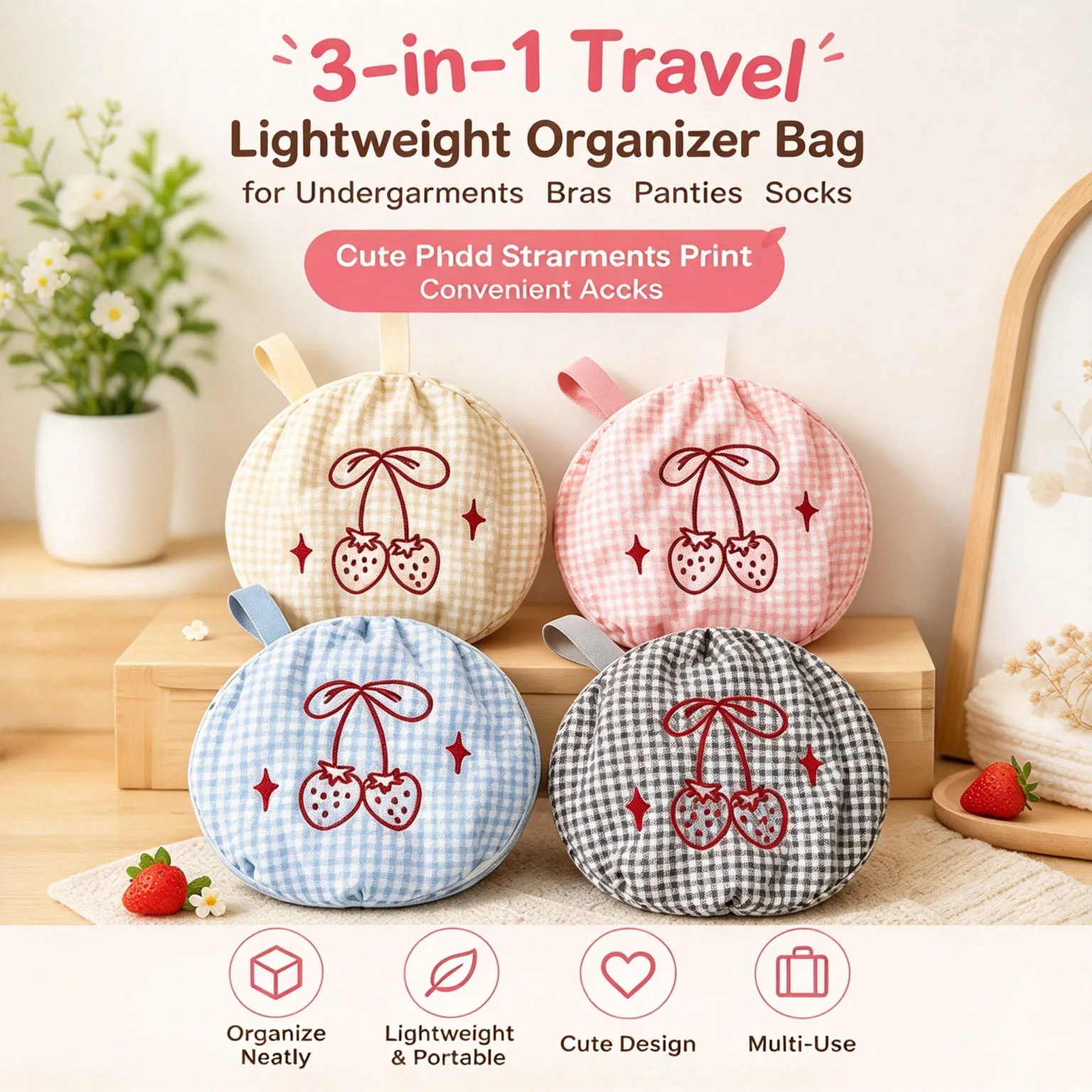 Round 3-in-1 Travel Lightweight Organizer Bag for Undergarments Bras Panties Socks Cute Plaid Strawberry Print Convenient Access