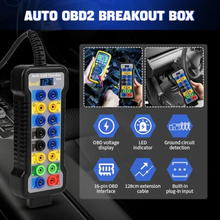 OBD2 Breakout Box Auto OBDII Protocol Detector 16-Pin CAN Bus Test Breakout Box with LCD Display for OBDII Protocol Communicati