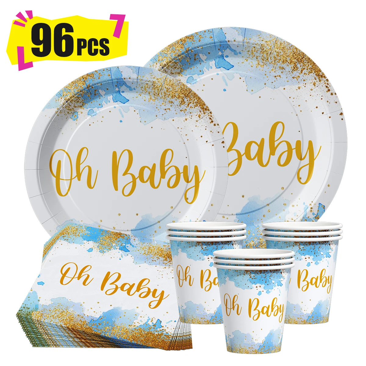 Blue Gold Watercolor Party Tableware Set 96Pcs Disposable Paper Plates Cups Napkins for Baby Shower Gender Reveal Decoration
