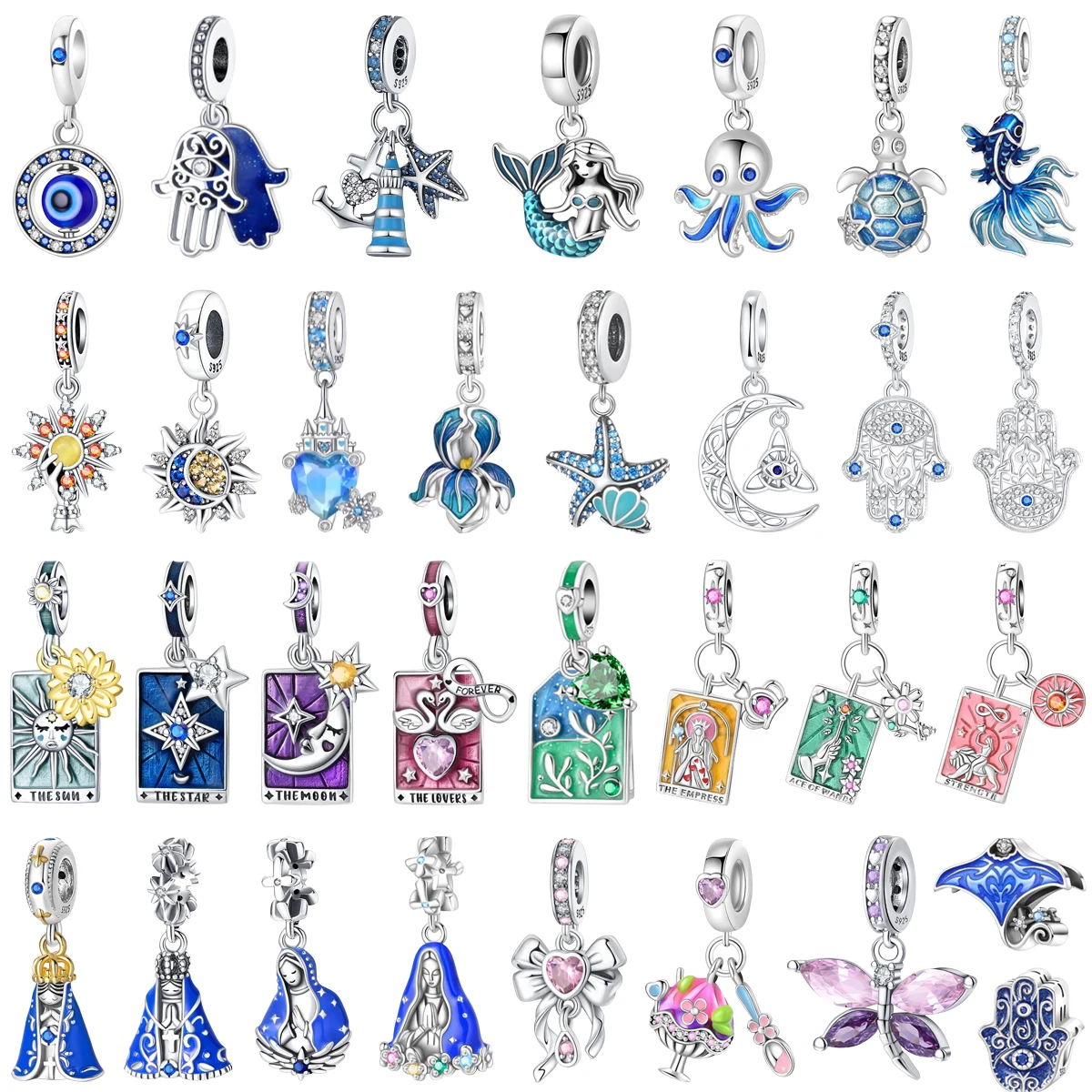 925 Sterling Silver Charm Devil's Eye Lucky Tarot Card Dream Catcher Flower Bead Pendant Fit Women DIY Bracelet Necklace Jewelry