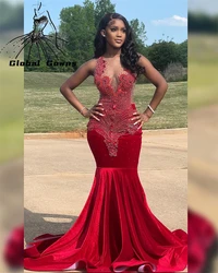 Red Sheer O Neck Long Prom Gowns For Black Girls Beaded Crystal Diamond Birthday Party Dresses Evening Dress Robe De Bal