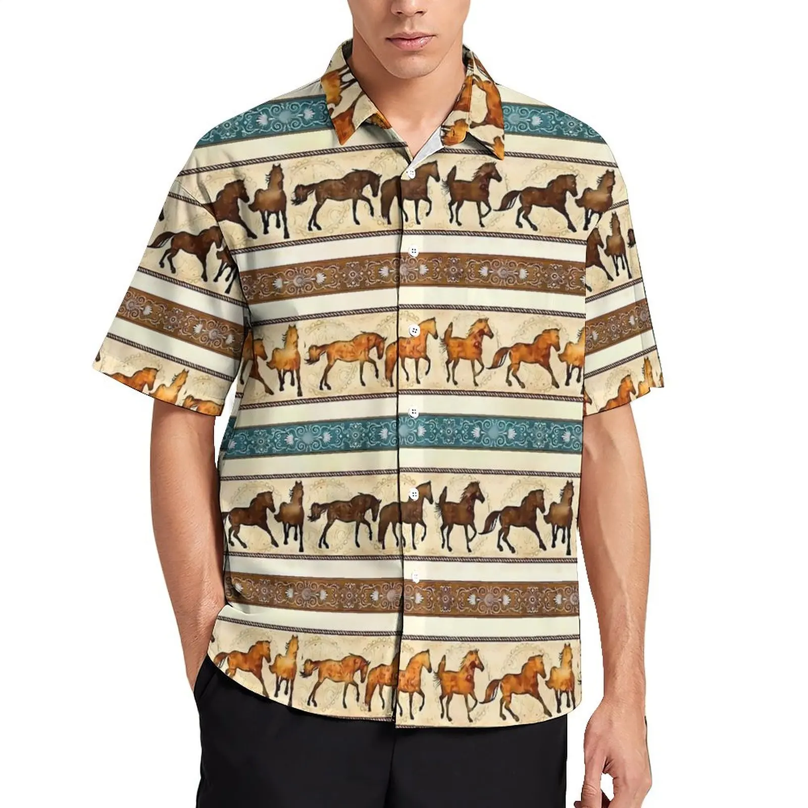 

Faux Leather Horse Retro Vacation Shirt Man Vintage Casual Shirts Hawaiian Short Sleeve Y2K Funny Graphic Plus Size 4XL Blouses