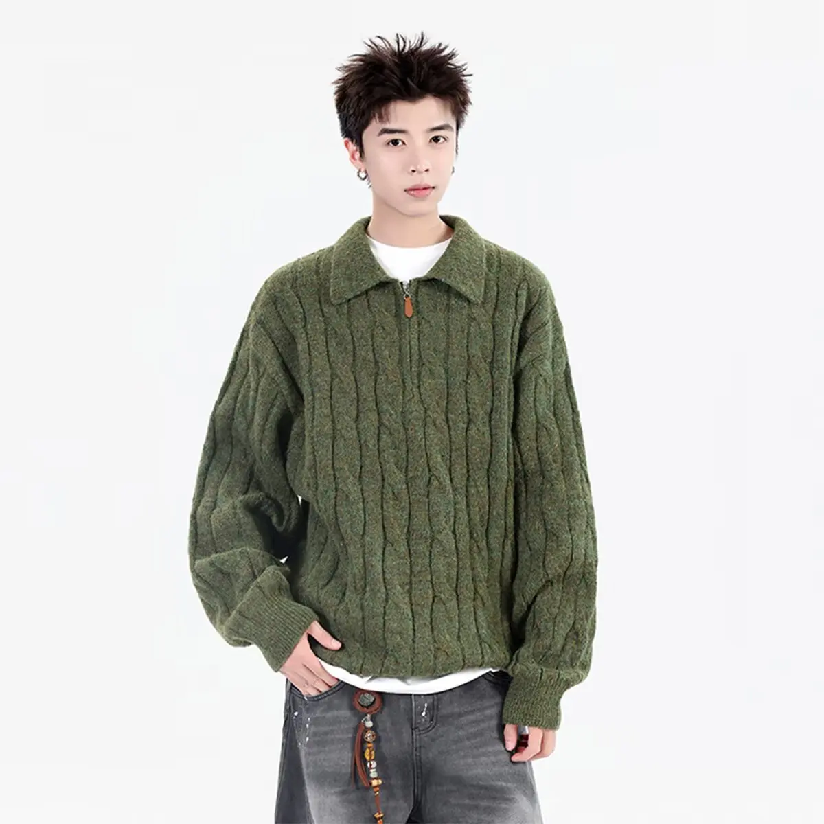

Men's Slim Fit Long Sve Knitted Sweater Stripe Pattern Henry Collar Lazy Twist Rope Design Casual Faion Polyester Fiber