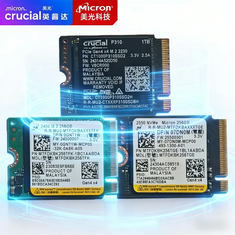 Crucial P310 1TB 2TB & Micron 2450/2550 256GB PCIe Gen4x4 NVMe M.2