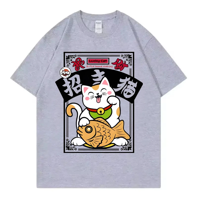 Hip hop streetwear Harajuku T-shirt Japan Fortune Cat 2025 men's summer 100% cotton casual short sleeved T-shirt Japanese style