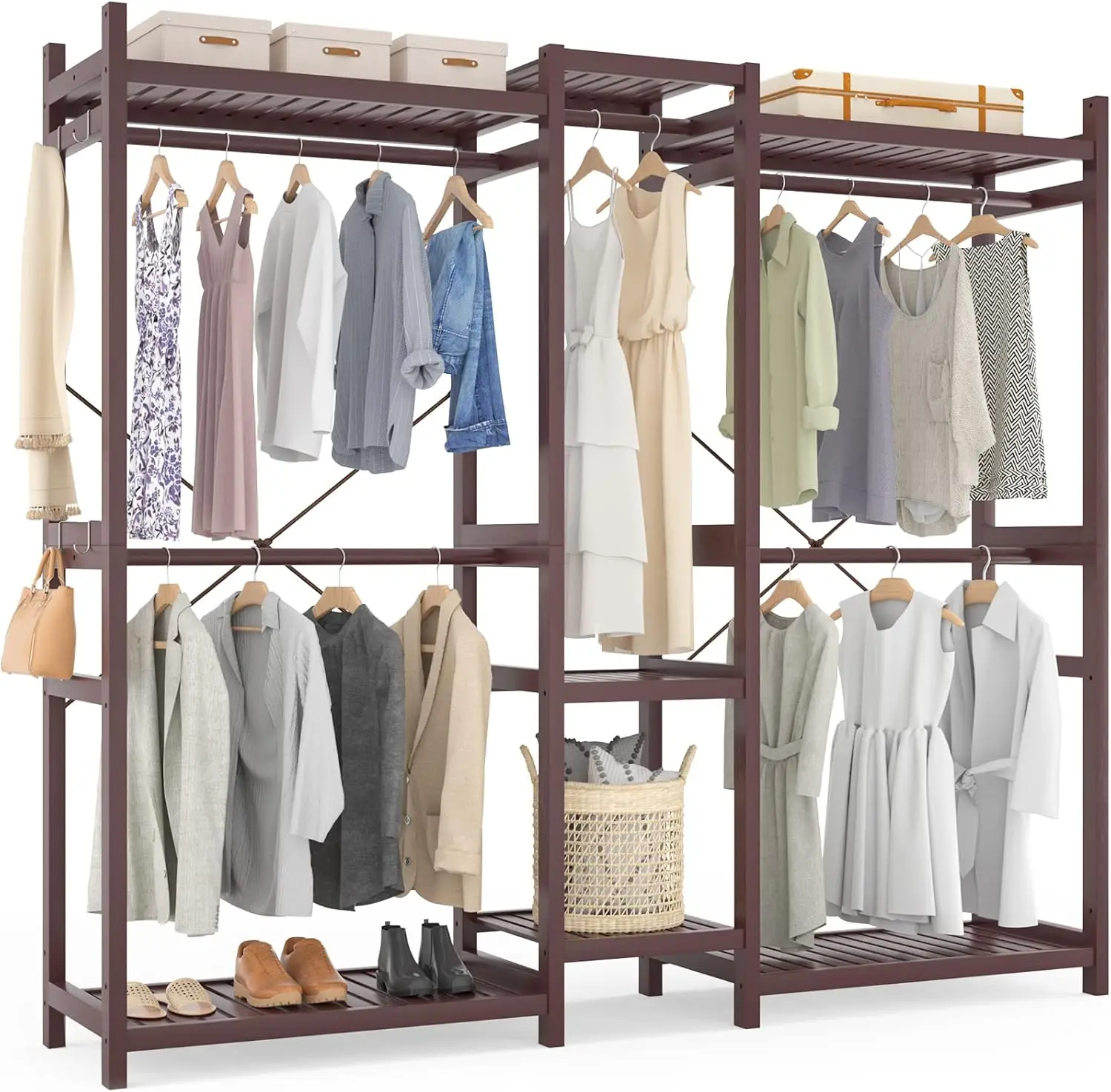 Homykic Bamboo Open Wardrobe Organizer Closet System Large Freestanding Garment Clothing Rack Hanging Clothes 7 Shelves 5 Rods