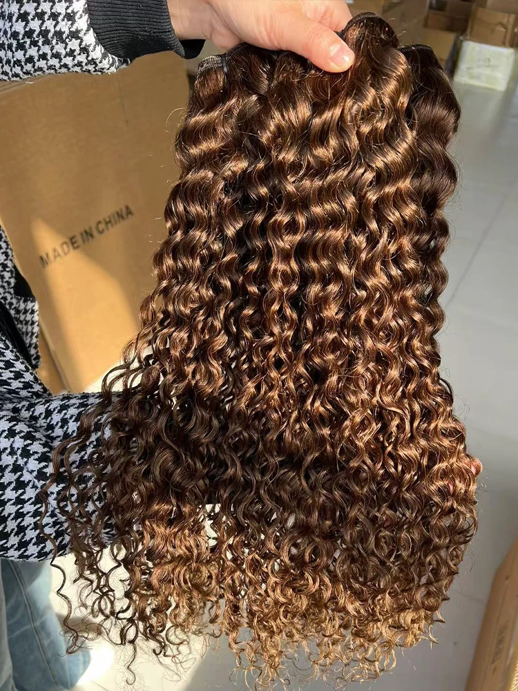 # 4 الشوكولاته براون موجة المياه عابث مجعد 10-30 بوصة حزم الشعر البشري موجة مجعد عميق بيرو عذراء الشعر الخام خياطة في حزم #1