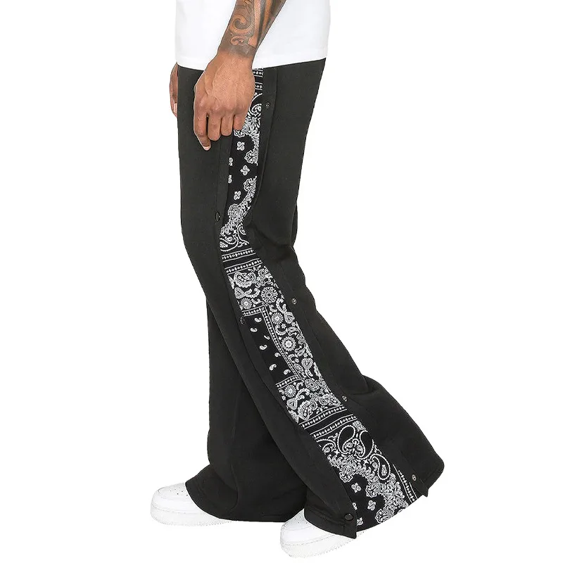 Spring Summer Men High Street Double Line Hip Hop Side Button Pants Loose West Coast Paisley Print Wide Leg Sweatpants Man