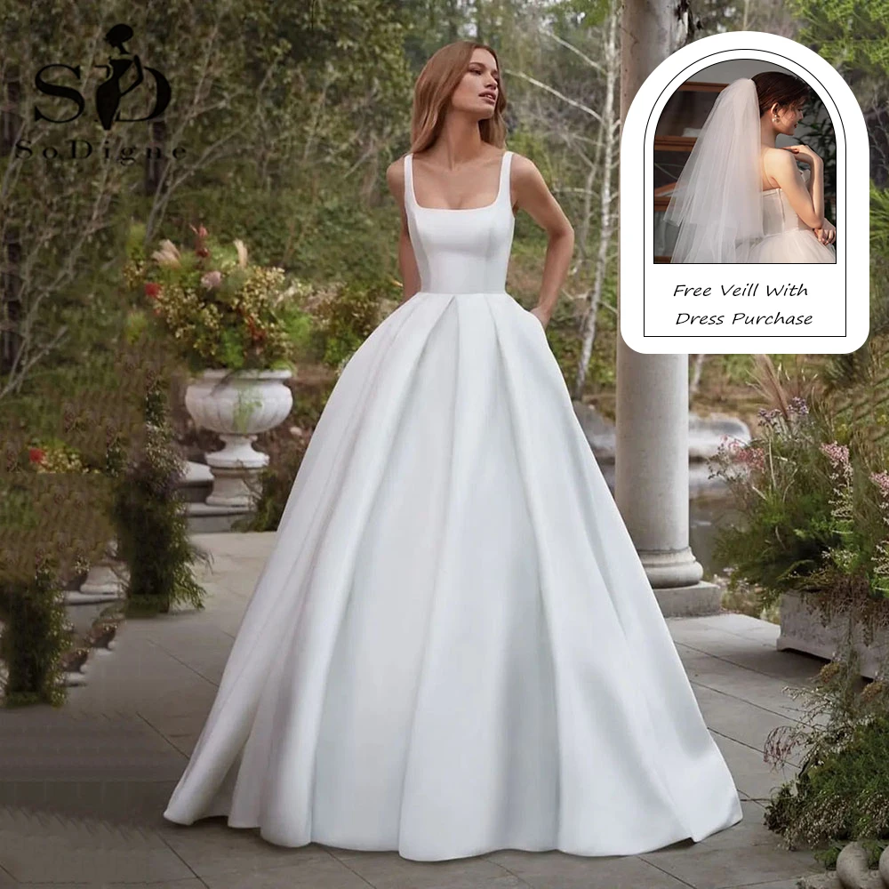 SoDigne Simple Wedding Gowns Elegant Satin A Line Bride Dress Spaghetti strap Backless Bridal Dress Wedding Dress Customized