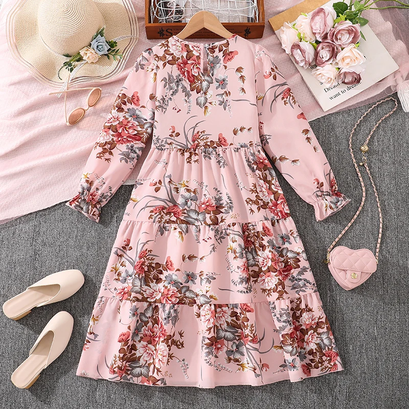 Kids Casual Dress for Girls 2024 New Spring Autumn Teenager Full Printing Long-Sleeved Dress Princess Dress Kids Daily Clothes