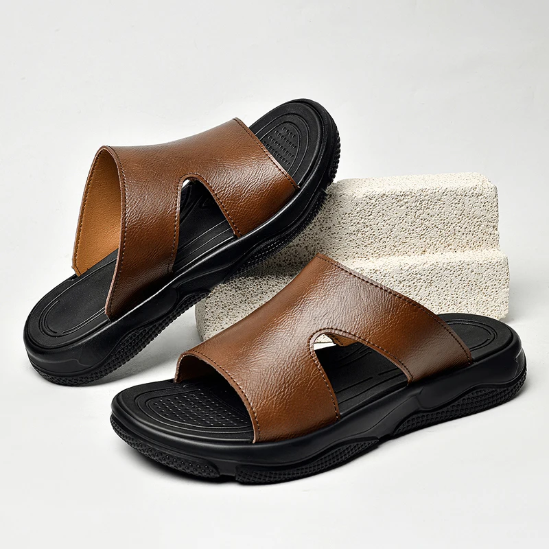 Men's Leather Slide Sandals Non-slip Thick Sole Casual Slippers Summer Outdoor Beach Shoes Breathable Lightweight Footwear