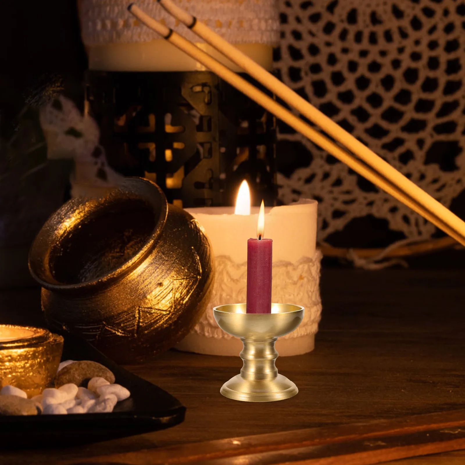 

Copper Home Decor Golden Brass Decorative Base Tea Light Candlestick Religious Lamp Base Stand