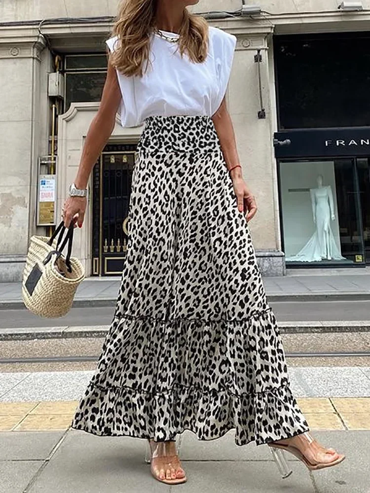 Casual Long Leopard Skirts for Women Vintage 2024 Summer A Line Slim Fitness Skirt Elegant Lady Party Night Skirts Dropshipping