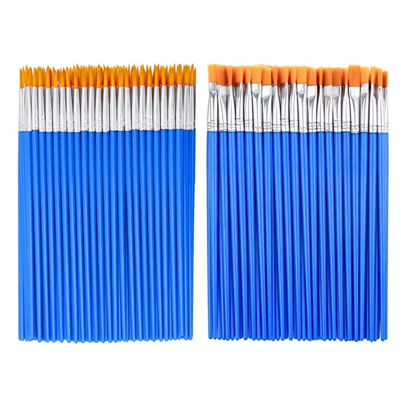 Total 100 Pieces 50pcs Flat and 50pcs Round Pointed Paint Brushes Craft Watercolor Oil Painting Brushes