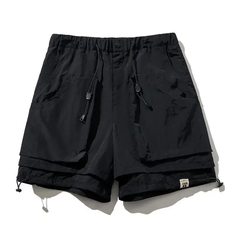 

Elastic Waist Long Half Solid Men's Cargo Shorts with Draw String Pockets Male Short Pants Bermuda Wide Loose Black Baggy Casual